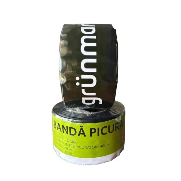 Bandă pentru irigații prin picurare, Grunman, 6 mil, D 17 mm, distanța orificii 40 cm, rolă 100 m
